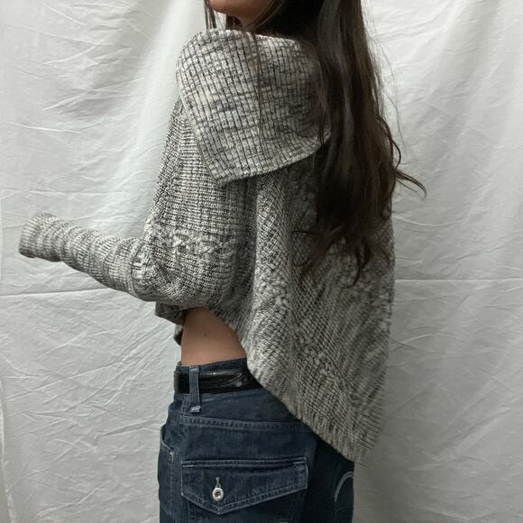 y2k style cream brown ribbed cable knit zip poncho wool blend sweater by whbm - Picture 4 of 7